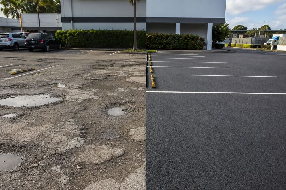 Commercial carpark asphalt surface showing wear