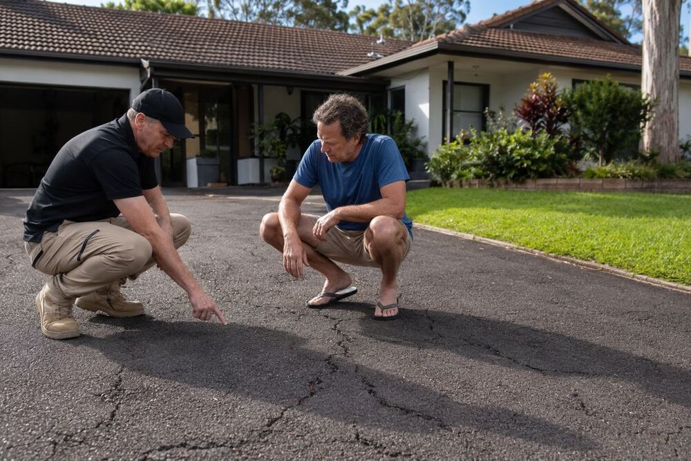 Bitumen driveway showing surface distress on the Central Coast